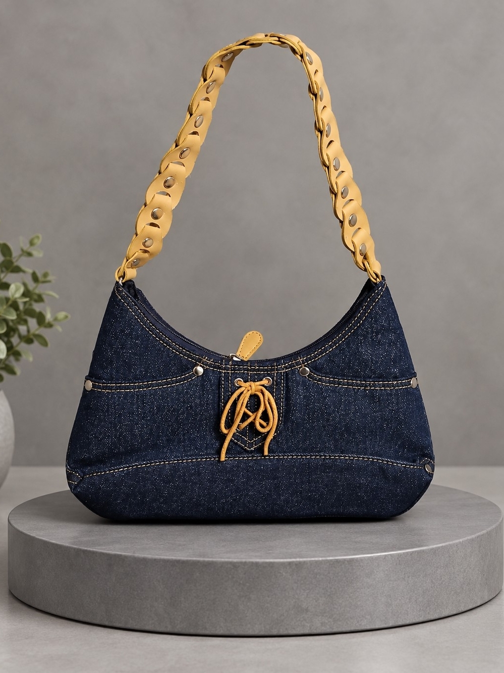 Denim Hobo Shoulder Bag with Mustard Accent